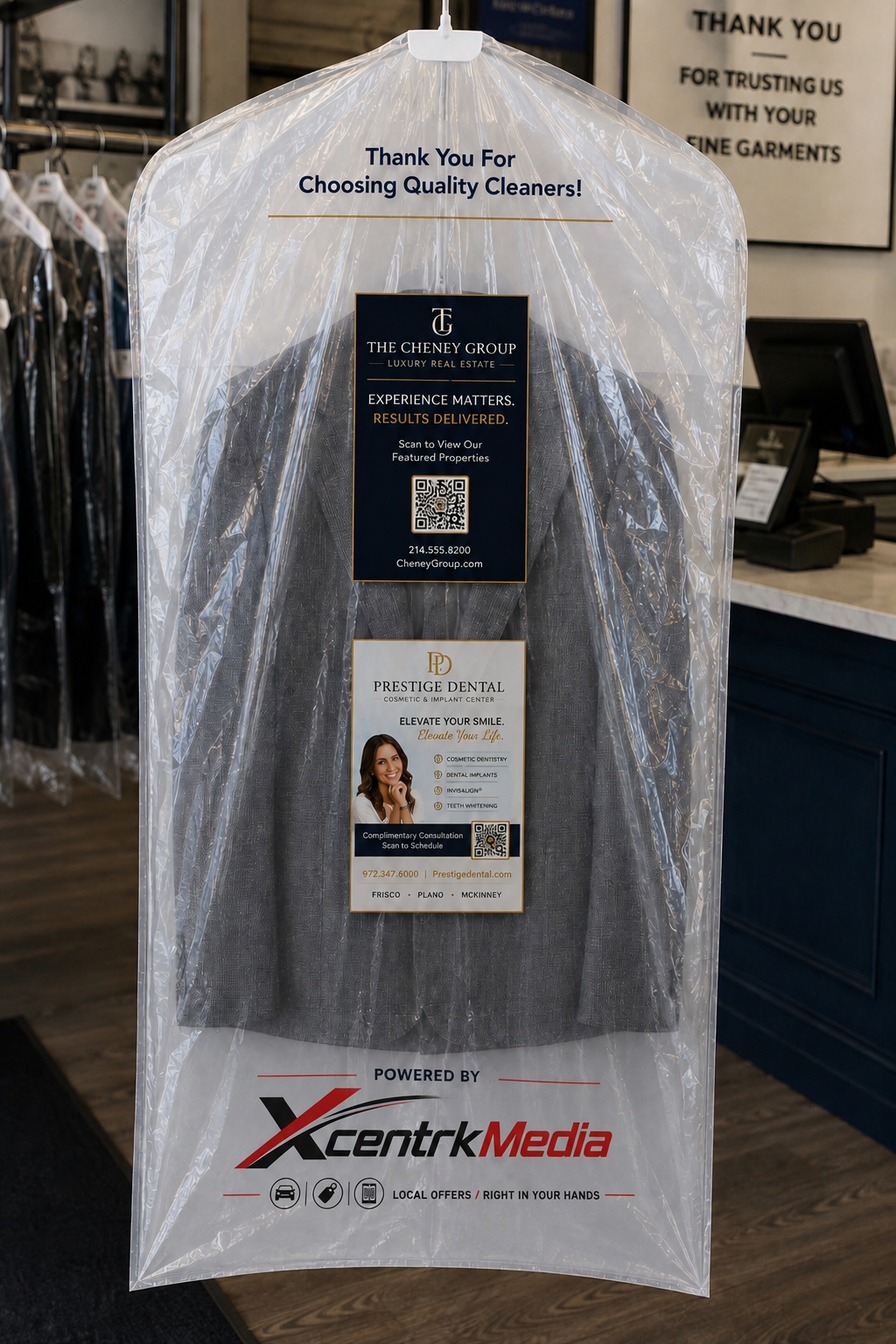 Dry cleaner garment bag with XcentrkMedia advertising