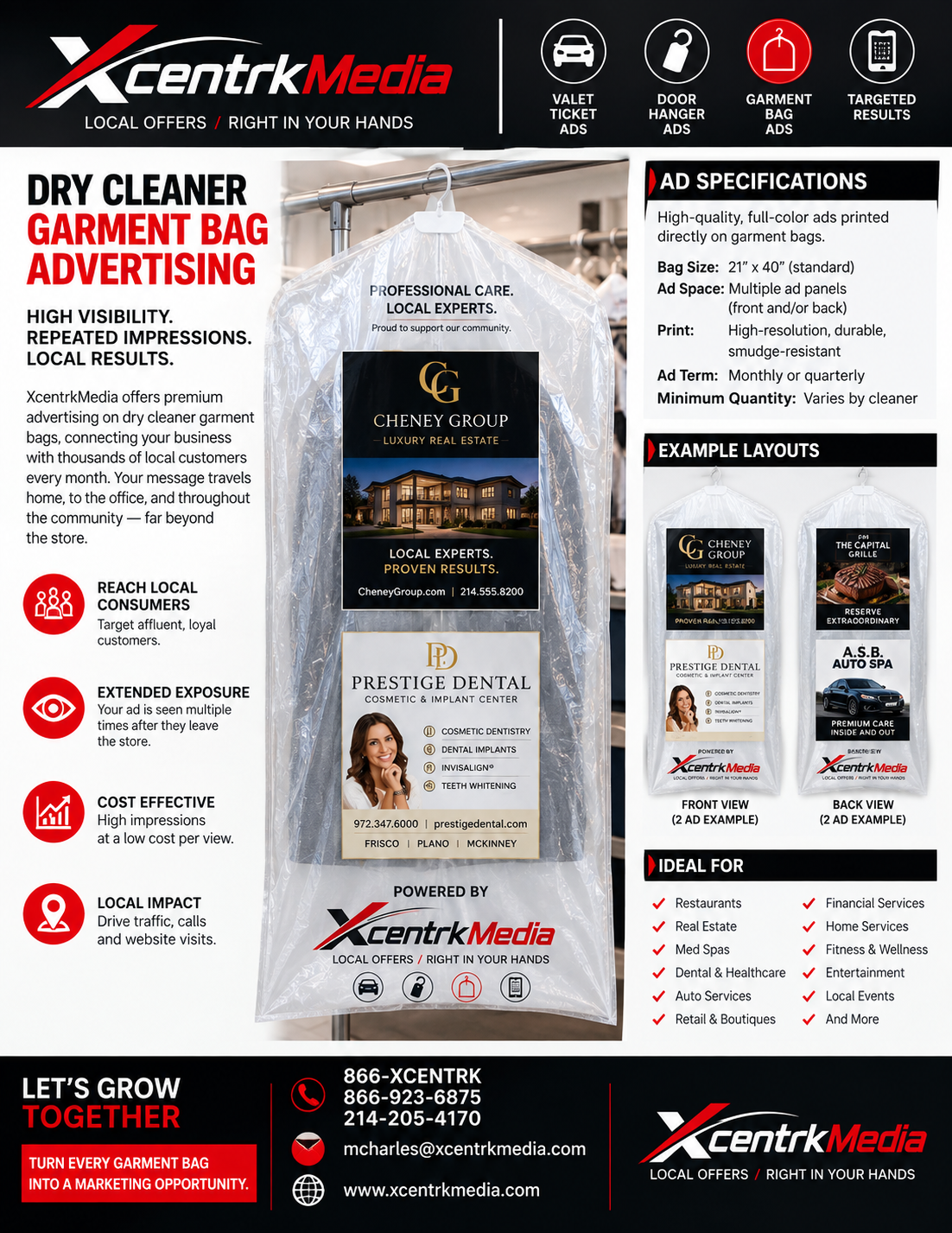 XcentrkMedia dry cleaner garment bag advertising spec sheet